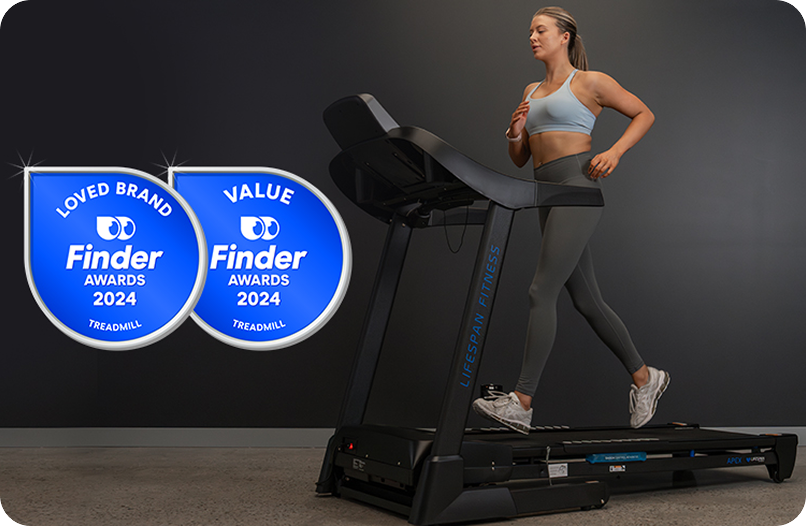 A woman jogs confidently on a Lifespan Fitness treadmill. Beside her, two blue badges display Loved Brand and Value from Finder Awards 2024.